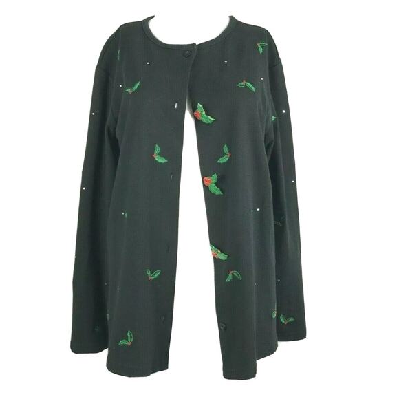 Quacker Factory Cardigan Womens M Black Christmas Holiday Sweater Sz M Mistletoe - Picture 1 of 9